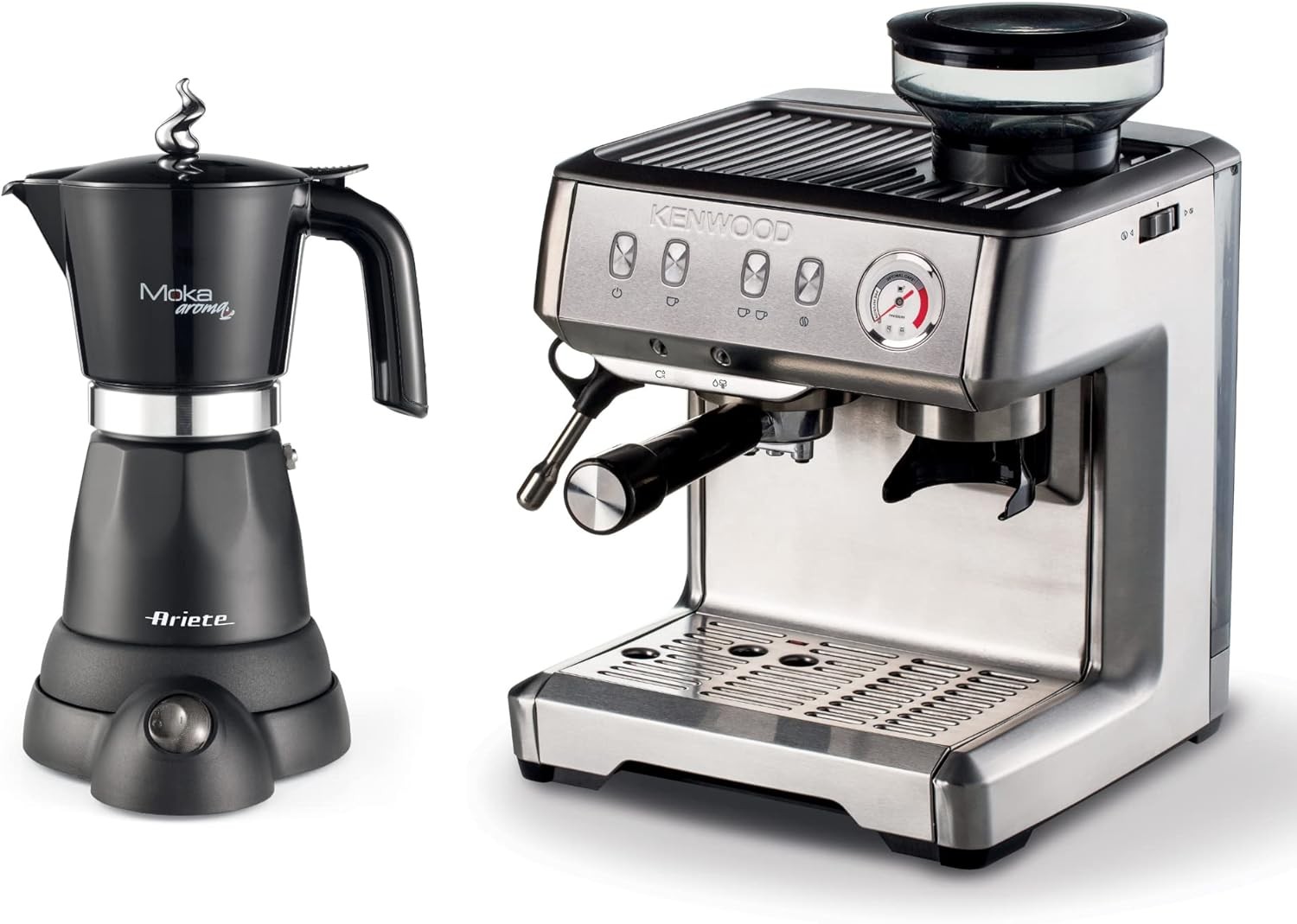 Ariete Espresso Coffee Machine 1600W with Built-in Coffee Grinder and Steamer + 6 Cups Electric Moka Pot Coffee Maker, 480W Moka Aroma, Perfect For Home And Office - Art1313+Art1368